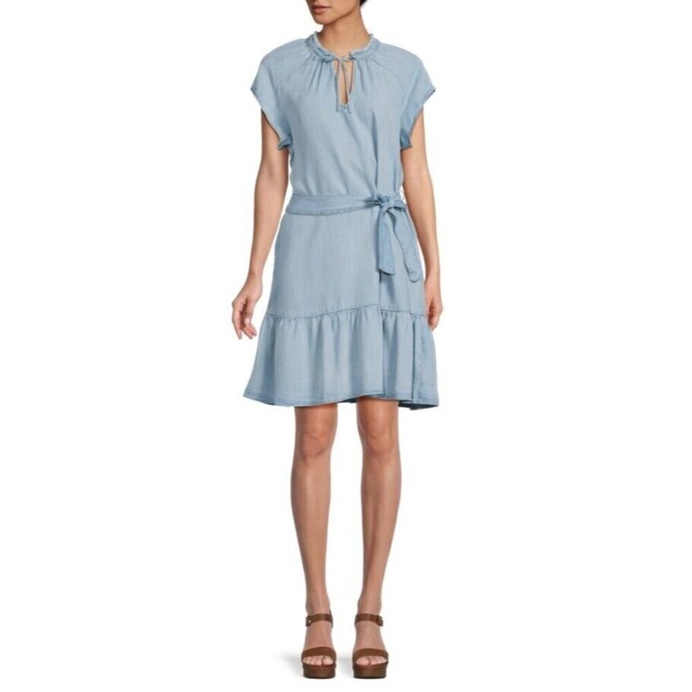 Cloth & Stone Chambray Blue Ruffle Neck Tiered Mini Dress Womens Size S